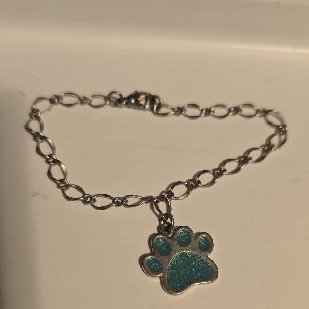 Silver Bracelet With A Green Paw Charm Bracelet for Unisex Kids